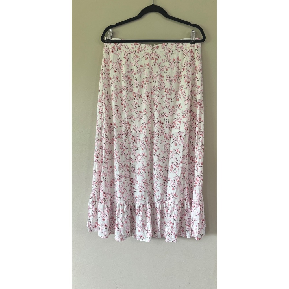 Lulus Floral High-Low Midi Skirt White Pink White Button Front Ruffle XL NWT - Picture 2 of 8